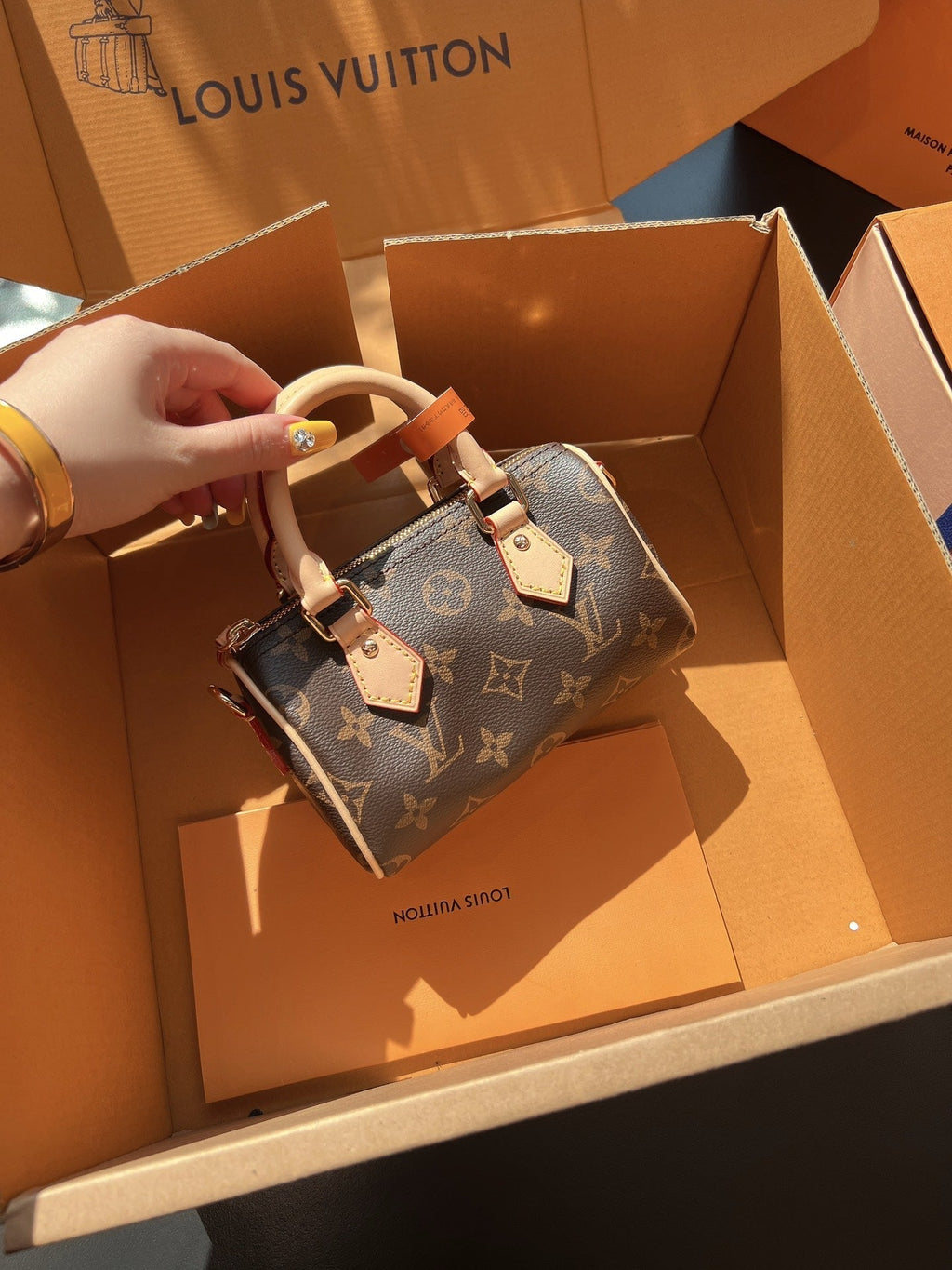 LV Speedy Nano Monogram Canvas Handle Crossbody Bag with Leather Trim and Adjustable Strap 16 cm
