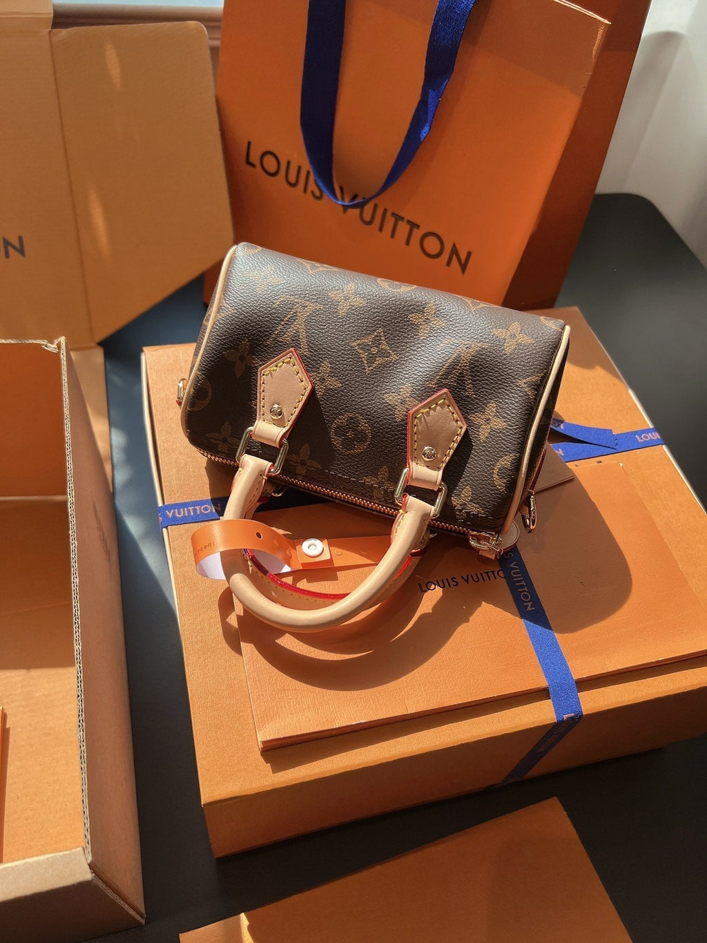 LV Speedy Nano Monogram Canvas Handle Crossbody Bag with Leather Trim and Adjustable Strap 16 cm