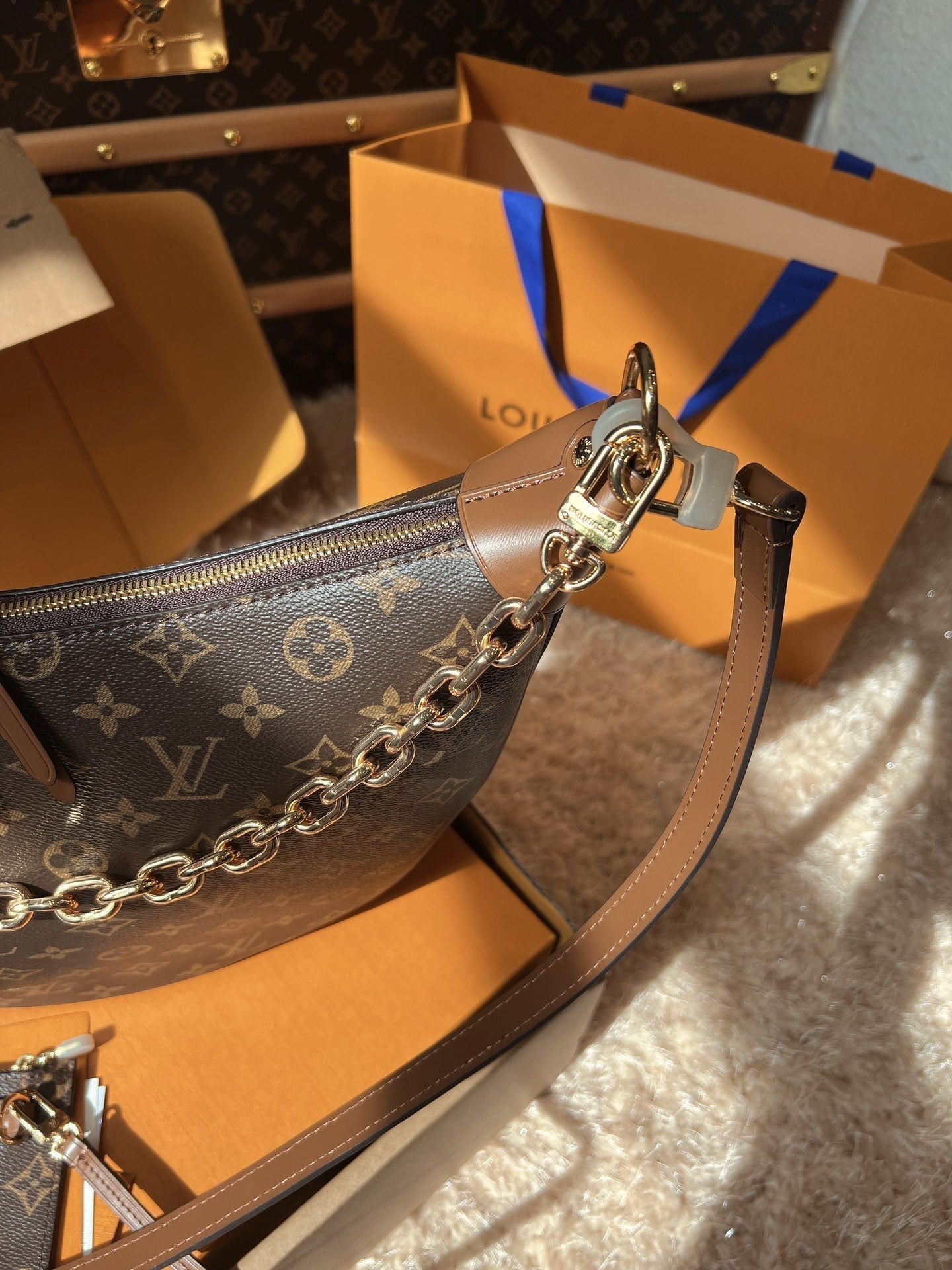 LV Loop Monogram Canvas Hobo Shoulder Crossbody Bag with Chain Detail (38 x 26 x 10) cm