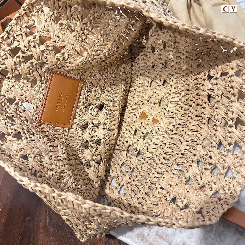 YSL PANIER MEDIUM IN RAFFIA AND VEGETABLE-TANNED LEATHER
