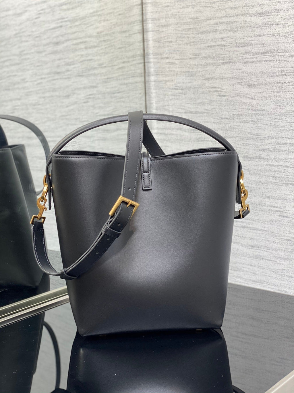 YSL Le 37 Black Shiny Leather Handle Shoulder Bag with YSL Charm and Adjustable Strap (20 x 25 x 16) cm