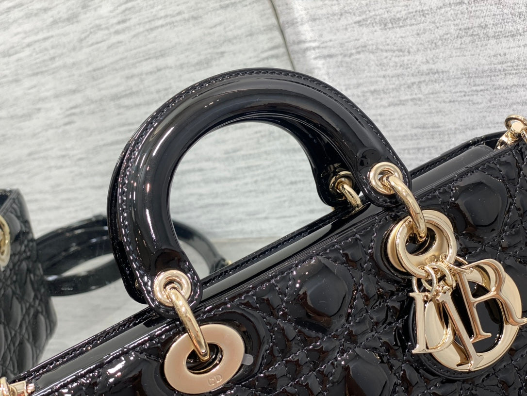 Dior Lady D-Joy Medium Patent Black Leather Bag - 26x6x14cm
