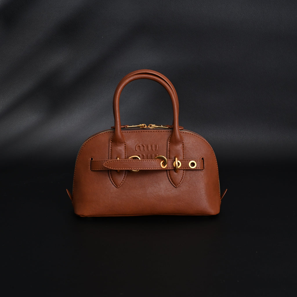 Miu Miu Leather Bowler Top Handle Bag Cognac