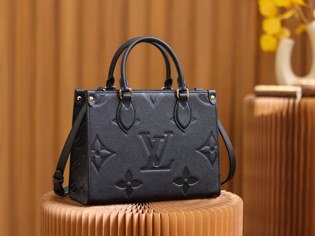 LV OnTheGo PM Monogram Empreinte Leather Tote Handle Bag with Black Leather Trim