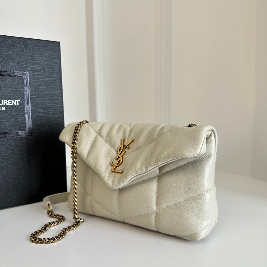YSL Loulou Puffer Toy Quilted Lambskin Shoulder Crossbody Bag with Chain Strap White (23 x 15.5 x 8.5) cm