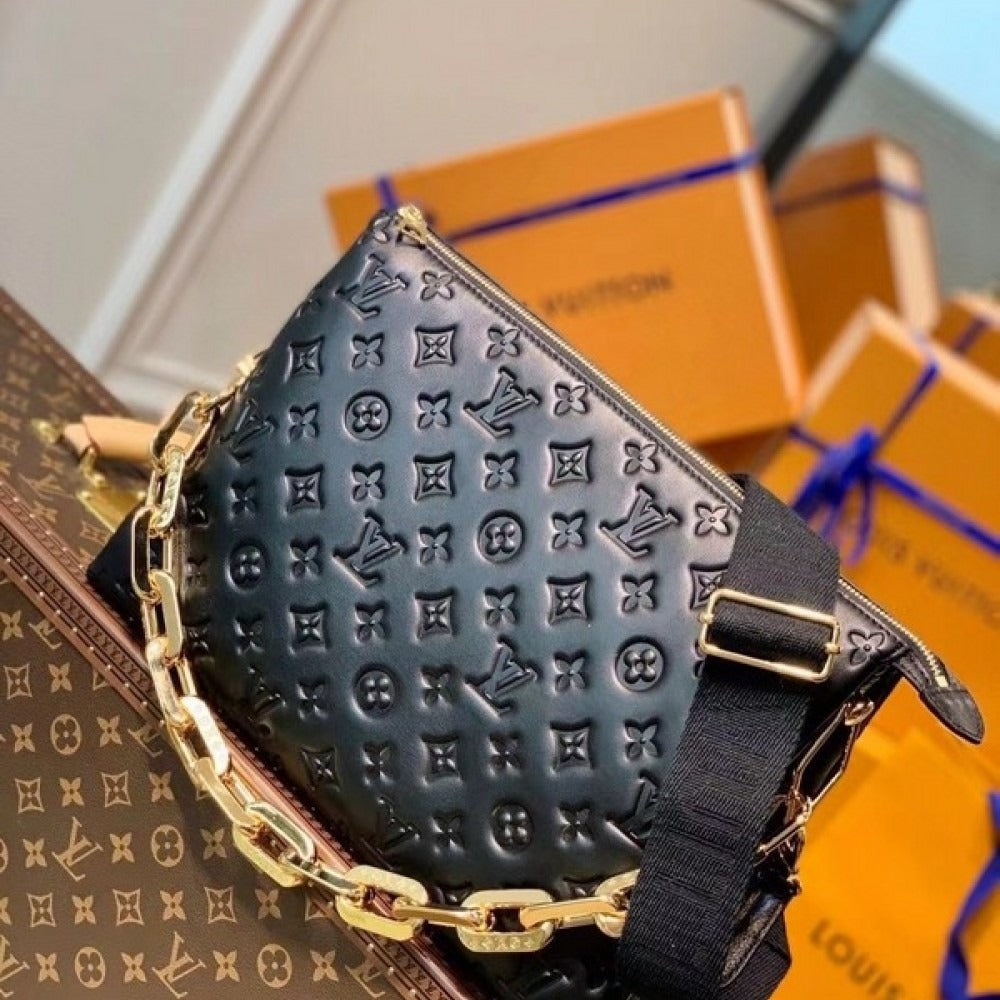 LV Coussin MM Monogram Empreinte Leather Shoulder Crossbody Bag with Black Quilted Exterior and Gold Chain Strap
