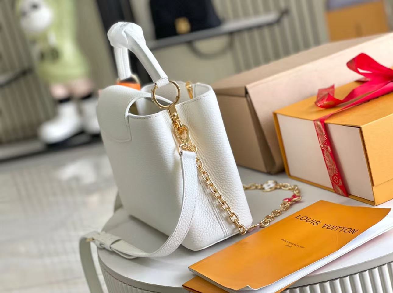 LV Capucines MM Taurillon Leather Handle Shoulder Bag with White Flower Strap (31.5 x 20 x 11) cm